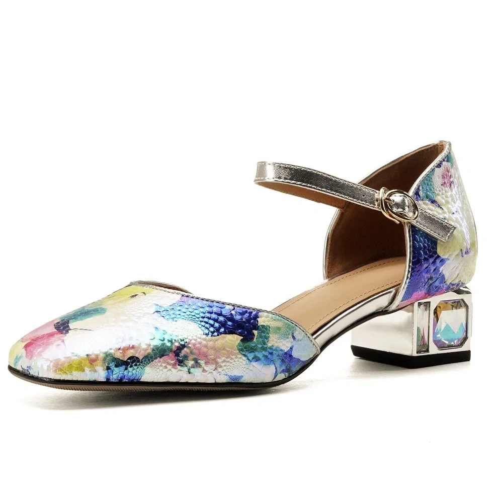 Women's Summer New 3.5 CM Chunky Heel Genuine Leather Pumps Color-Block Printed Square-Toe Buckle Strap Plus Size Shoes 50621