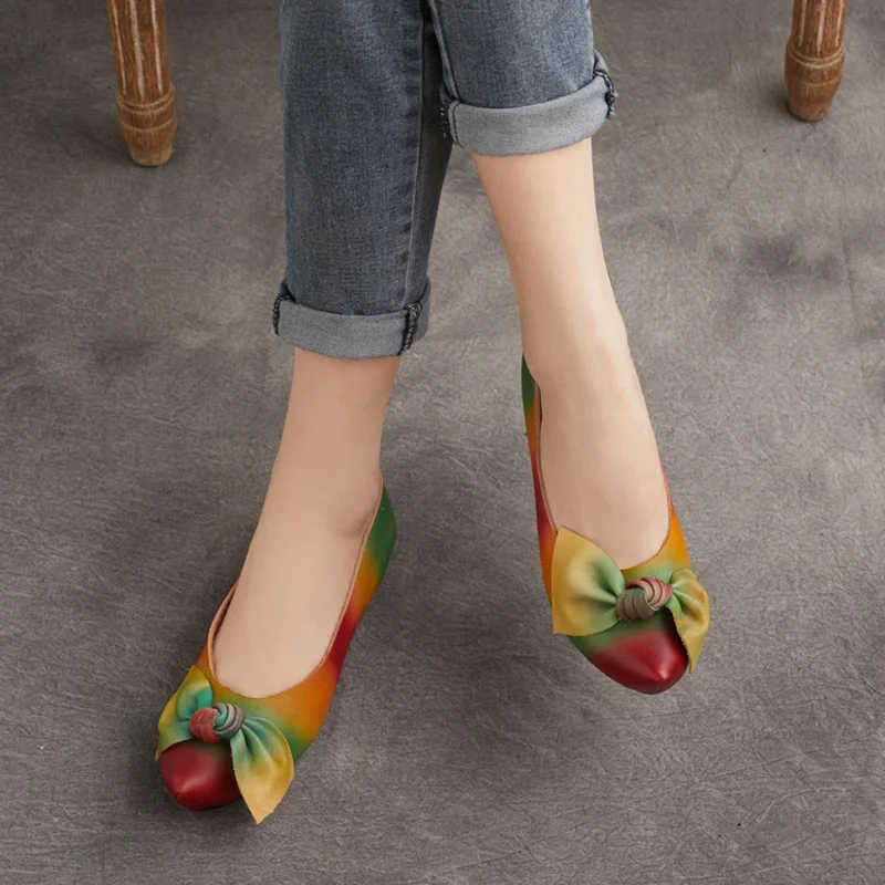 Women's Spring Summer Autumn Fashion 4 CM Heel Genuine Leather Pointed Toe Shallow Mouth Color-Blocking Slip-On Loafers 50707