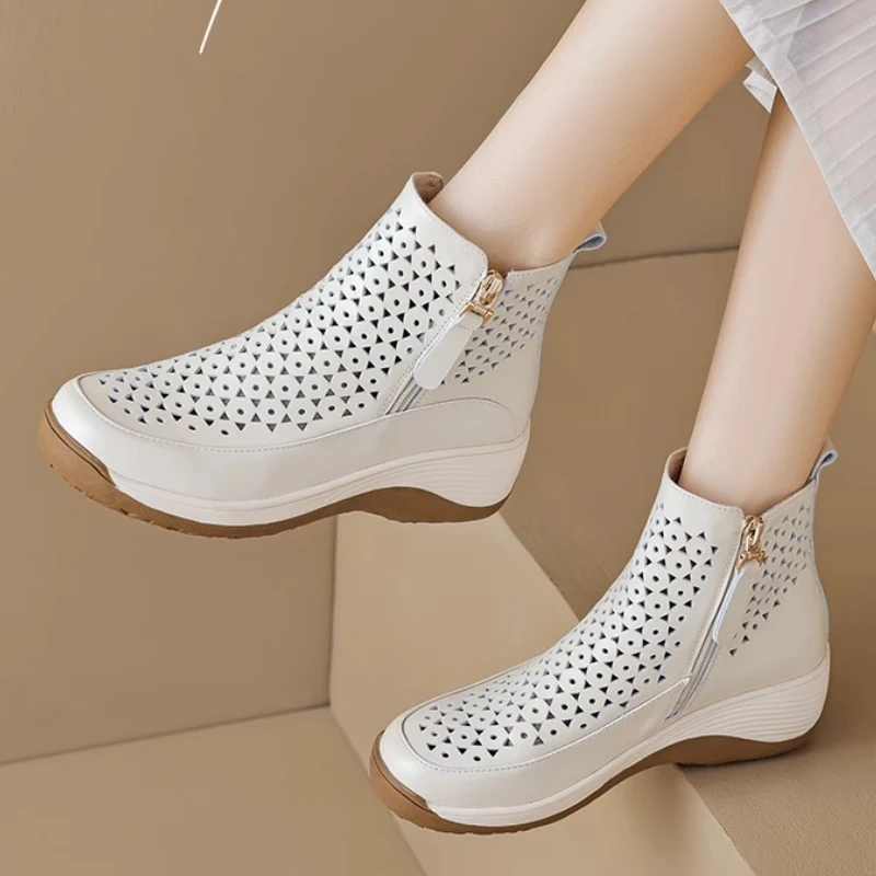 Women's Spring Summer Slim 5.5 CM Height Increasing Genuine Leather Cut Out Wedge Platform Zipper Breathable Ankle Boots 50604