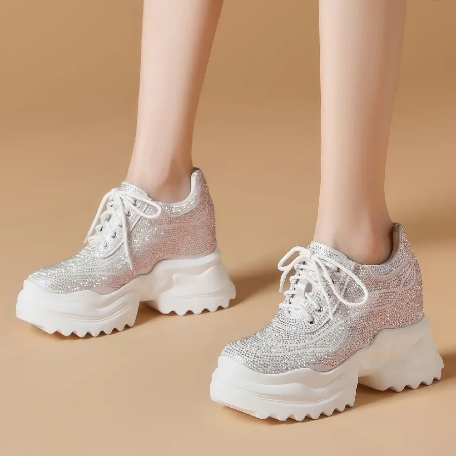 Spring Autumn New Korean Style Sexy Height Increasing Platform Cross-tied Crystal Genuine Leather Women Casual Shoes Sneakers