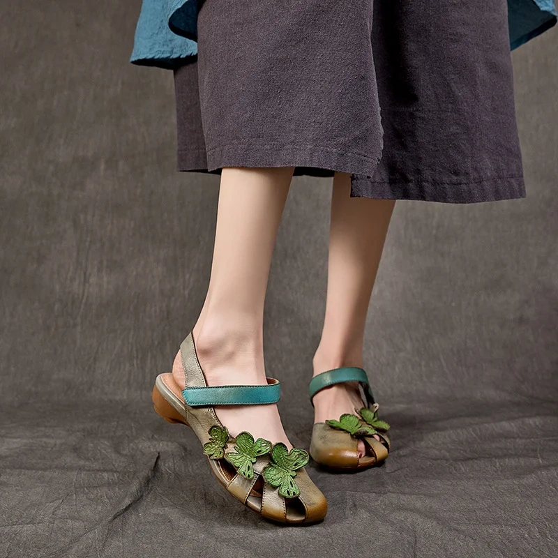 Women Summer New 2.5CM Low Heel Genuine Leather Cut Out Open Back Color Block Floral Single Strap Hook&Loop Retro Sandals 50626