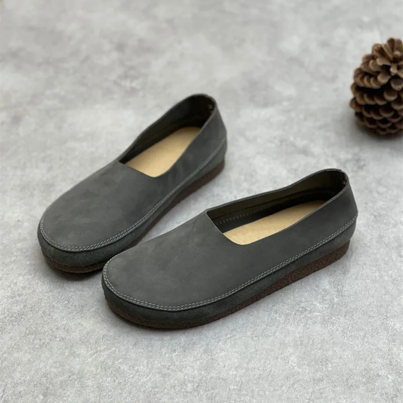 Spring Autumn New British Style Retro Flat Bottom Sewing Shallow Slip-On Genuine Leather Women Casual Sneakers Shoes 2312