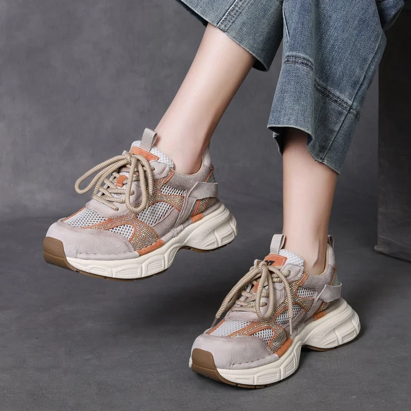 Women's Spring Summer Fashion 4 CM Thick Sole Genuine Leather & Mesh Crystals Hollow Out Platform Lace-Up Casual Shoes 50602
