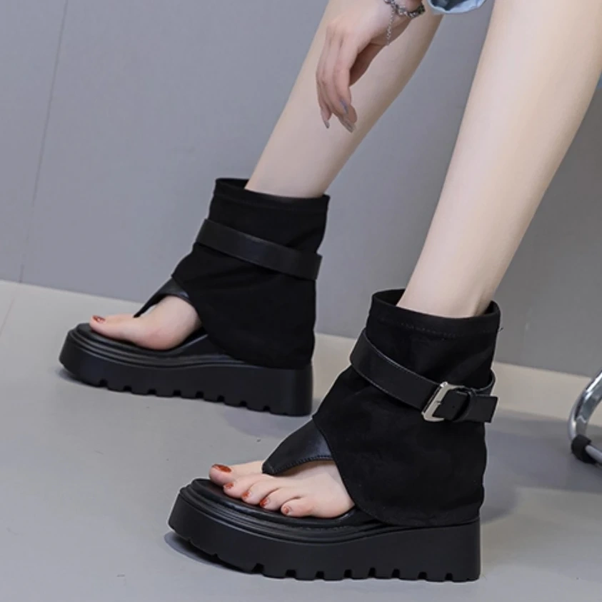 Women's Summer New Slim 12 CM Inner Heightening Genuine Leather Toe Pinching Platform Belt Buckle Gladiator Ankle Boots 50708