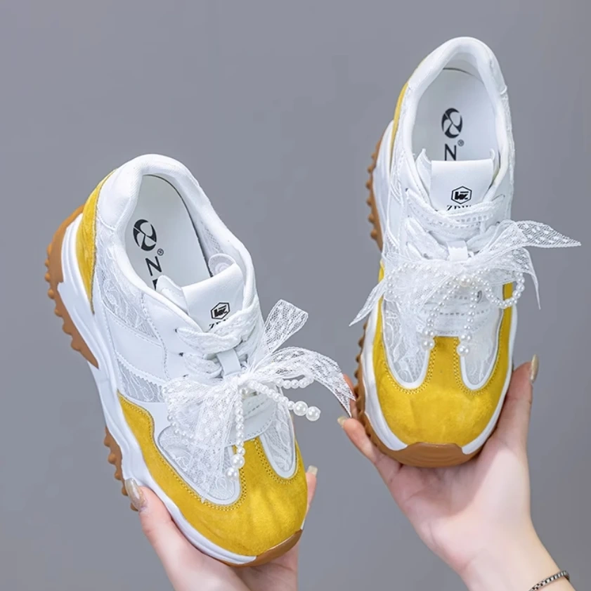 Women's Summer 12 CM Platform Wedge Genuine Leather & Mesh Sneakers Pearl Lace-Up Ribbon Ankle Strap Shoes 50523