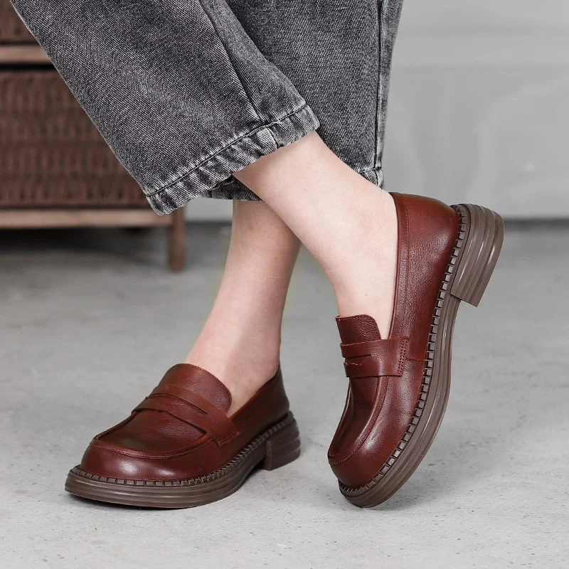 Women Spring Autumn New Slim 3 CM Square Heel Slip On Solid Color Round Toe Comfort Flats Retro Casual Loafers Shoes 50620