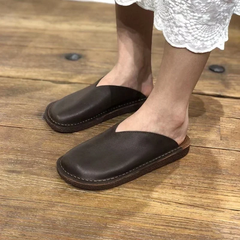 Summer New British Style Retro Flat Bottom Sewing Cover Toe Handmade Size 35-40 Genuine Leather Women Casual Slippers 2312