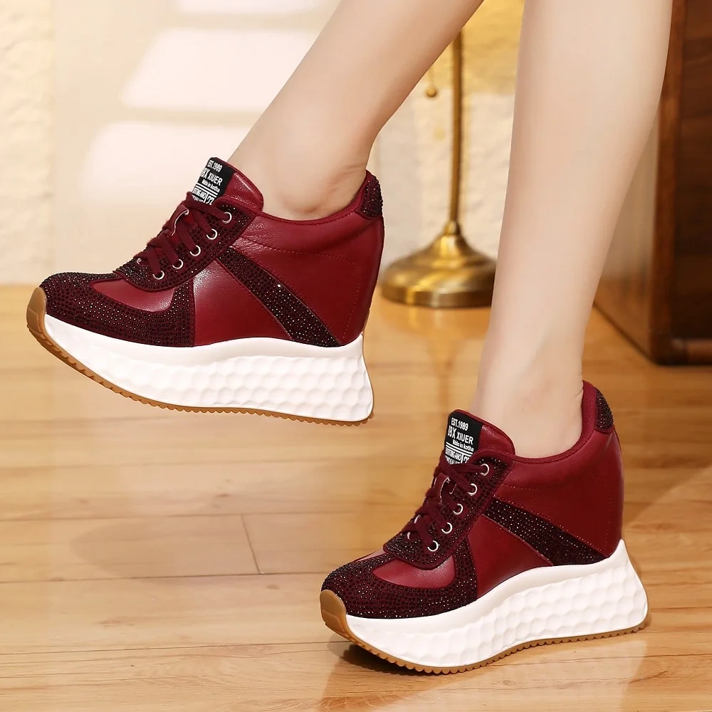 Women's Autumn New Fashion Genuine Leather Crystals Slim 12CM Hidden Wedge Heel Lace-Up Platform Soild Color Concise Shoes 50806