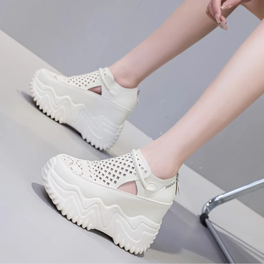 Women's Summer New Fashion Slim 12CM Hidden Heel Genuine Leather & Mesh Breathable Cut Out Zipper Comfort Casual Shoes 50714