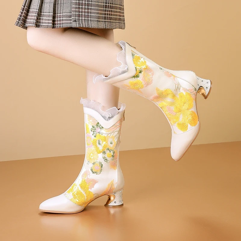 Women Spring 5.5CM Chunky Heel Crystals Genuine Leather Embroidered Sequins Pointed Toe Lace Side Plus Size Mid-Calf Boots 50623