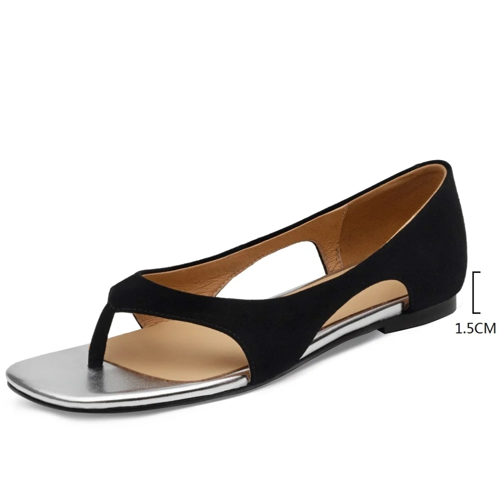 Women's Summer New 1.5 CM Flat Kid Suede Square Peep Toe Solid Color Slip On Shallow Mouth Toe - Post Gladiator Sandals 50612