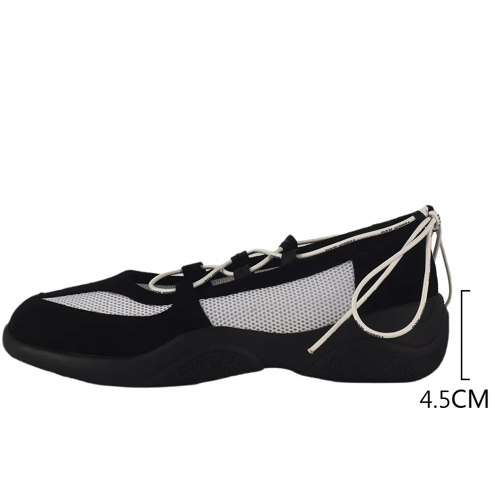 Women's Spring Summer New Slim 4.5 CM Thick Sole Genuine Leather Mesh Shallow Mouth Round Toe Cords-Tied Casual Flats 50611