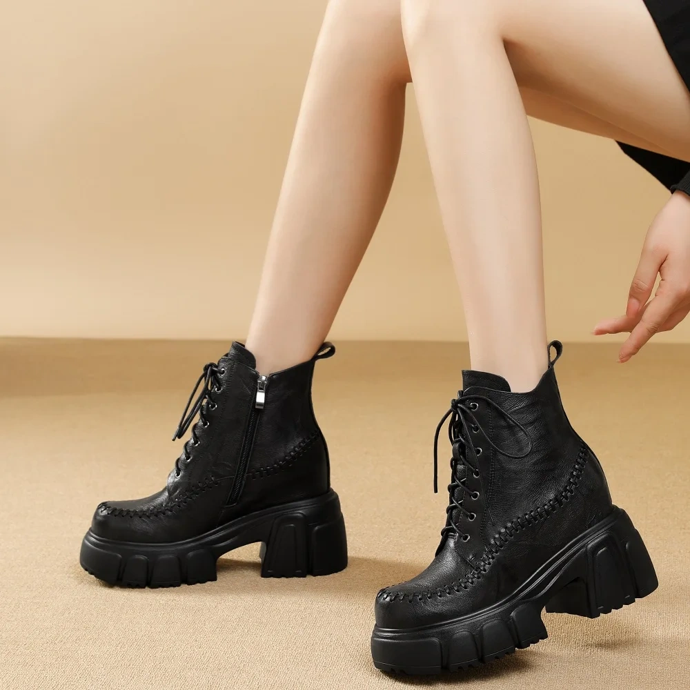 Sewing Genuine Leather 10 CM Block Heel Autumn Winter New British Style Retro Side Zipper Chunky Sole Platform Boots 51017