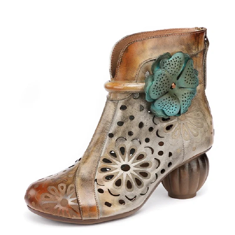 Women's Spring Summer Slim 5.5CM High Heel Genuine Leather Distressed Cut Out Strange Style Floral Gladiator Ankle Boots 50604