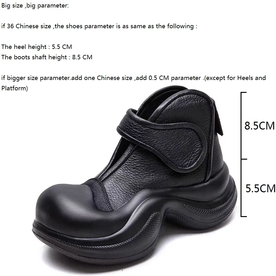 Women's Spring Summer Slim Fit 5.5CM Thick Sole Round-Toe Genuine Leather Solid Color Slip-On Hook & Loop Straps Shoes 50703