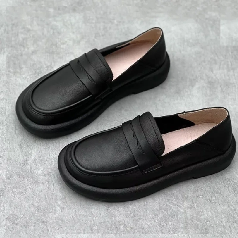 Spring Autumn New Retro Chunky Bottom Sewing Handmade Slip-On Genuine Leather Women Loafers Shoes Ladies Casual Sneakers 2312