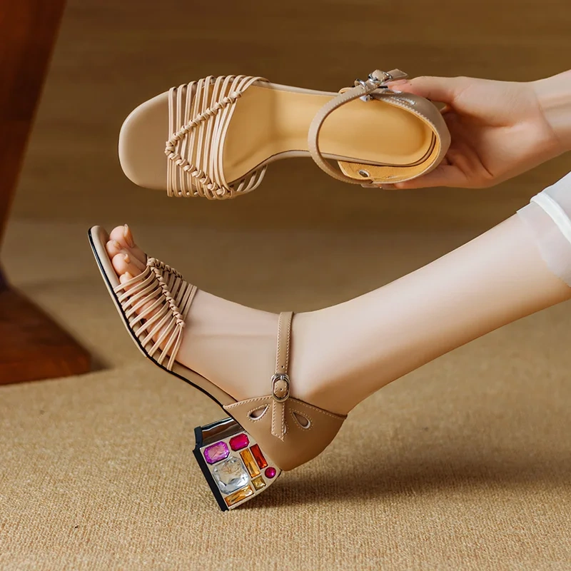 Women's Summer Genuine Leather Slim 5.5 CM Block Heel Cut Out Woven Square Toe Crystals Strap Buckle Sandals 50612