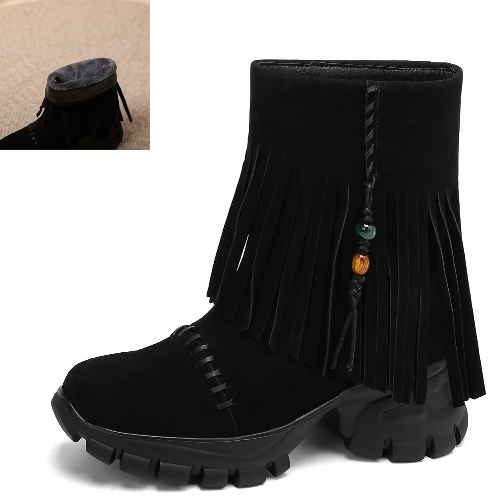 New Autumn Winter Women's Suede Leather 10cm Thick Sole Inner Height Tassel Bead Stitched Casual Versatile Ankle Boots 50930
