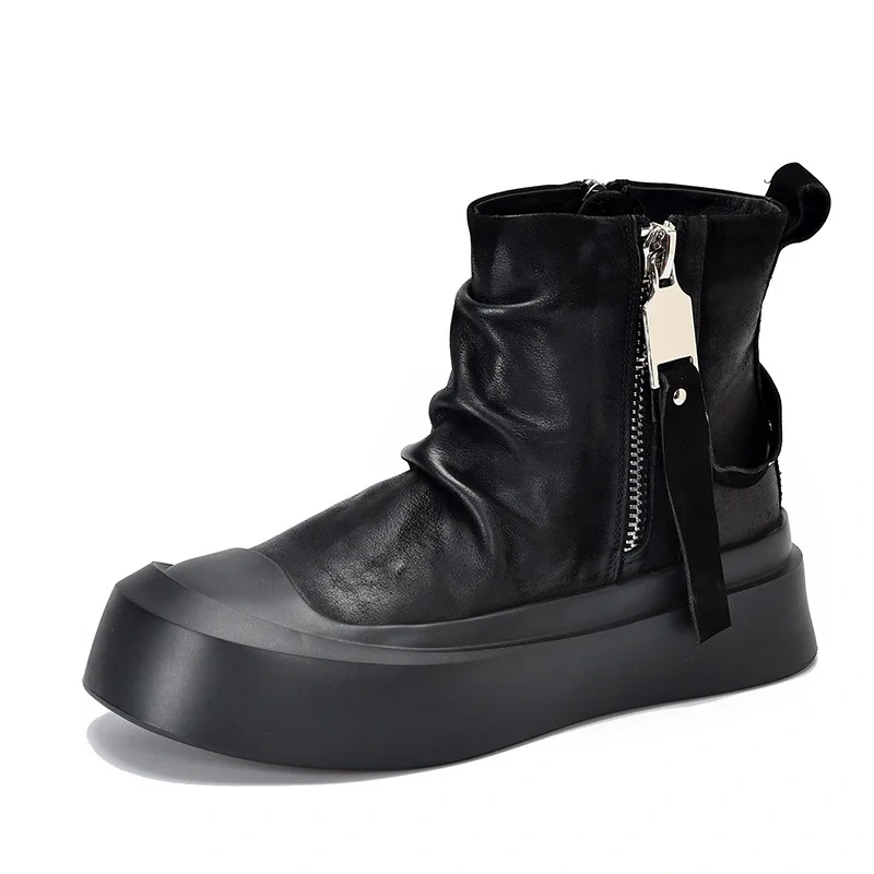 Women's Autumn Spring Fashion Genuine Leather 3 CM Thick Sole Solid Color Zipper Wrinkle Platform Ankle Boots 50530