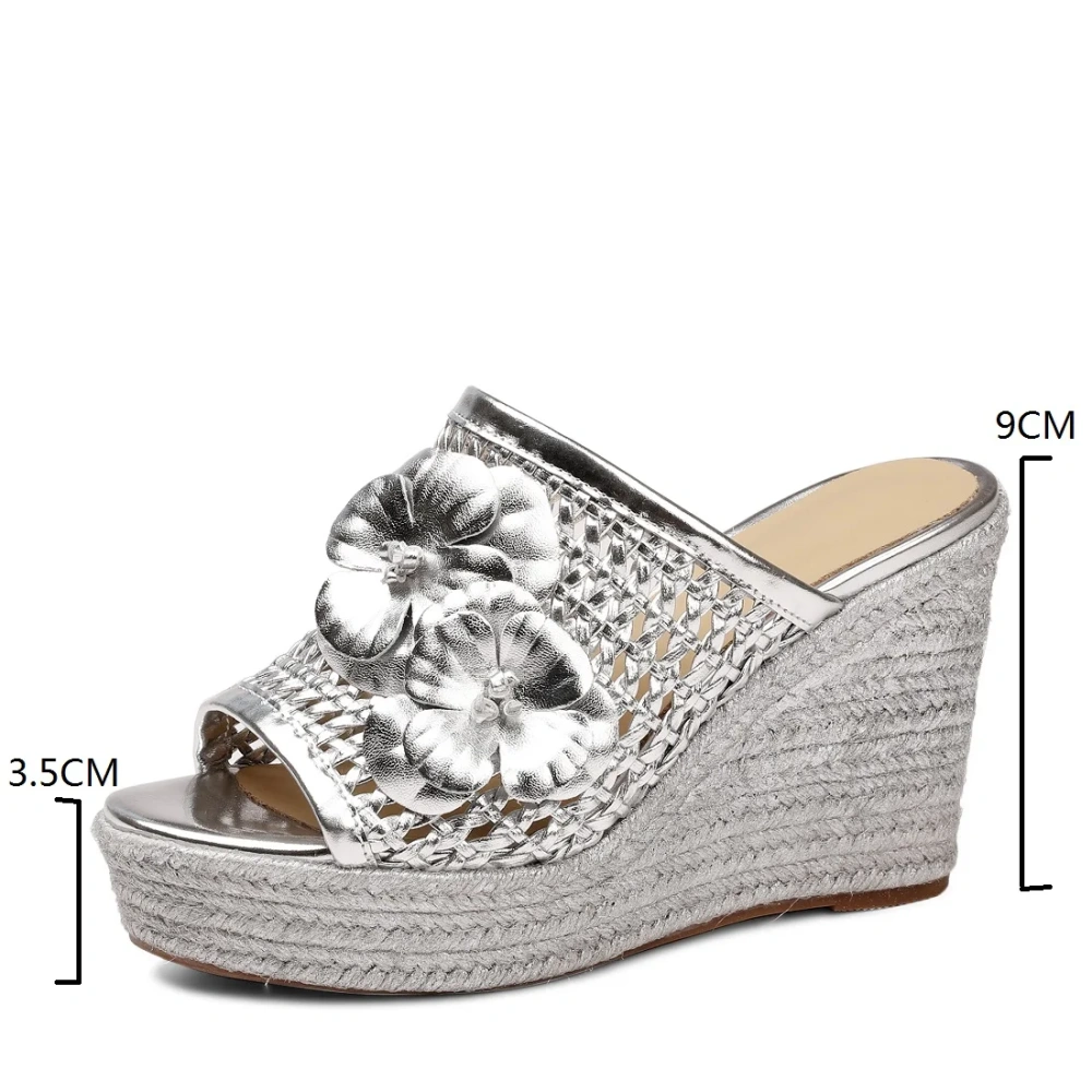 Women's Summer New Slim 9.5 CM Wedge Heel Genuine Leather Woven Cut Out Platform Flower Open-Toe Bling Gladiator Slippers 50609