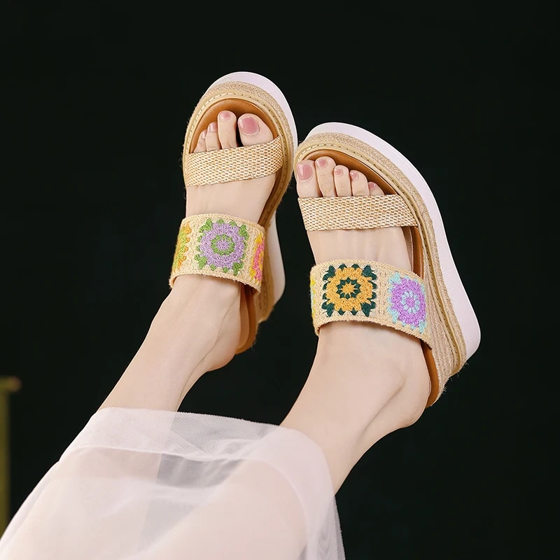 Women's Summer New Slim 9.5 CM High Heel Woven Floral Color Block Wedge Peep Toe Platform Gladiator Slippers 50529