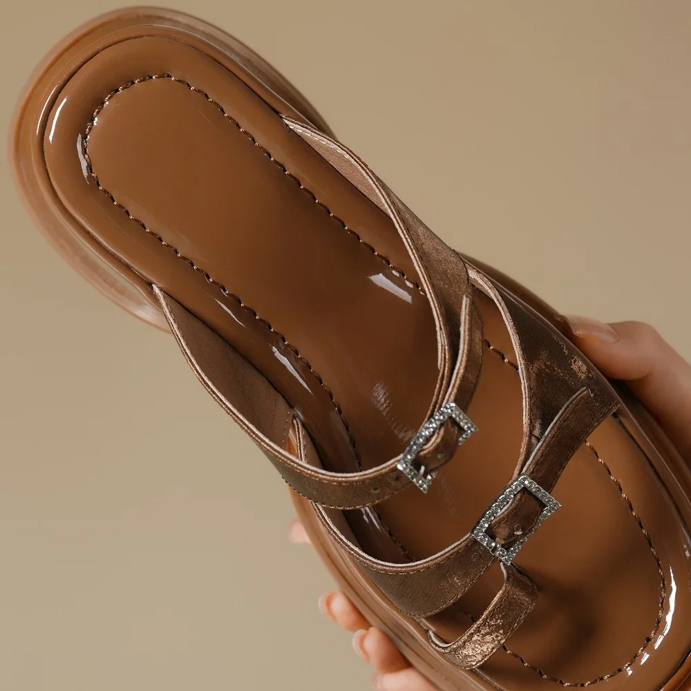 Women's Summer Fashion 9 CM Thick Sole Wedge Platform Genuine Leather Slippers Peep-Toe Buckle Strap Sandals 50517