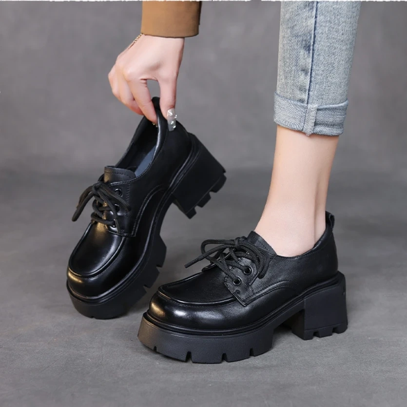Women's New Spring Autumn Genuine Leather 7CM Square Heel Slimming Loafers Lace Up Platform Round Toe Retro Casual Shoes 50729