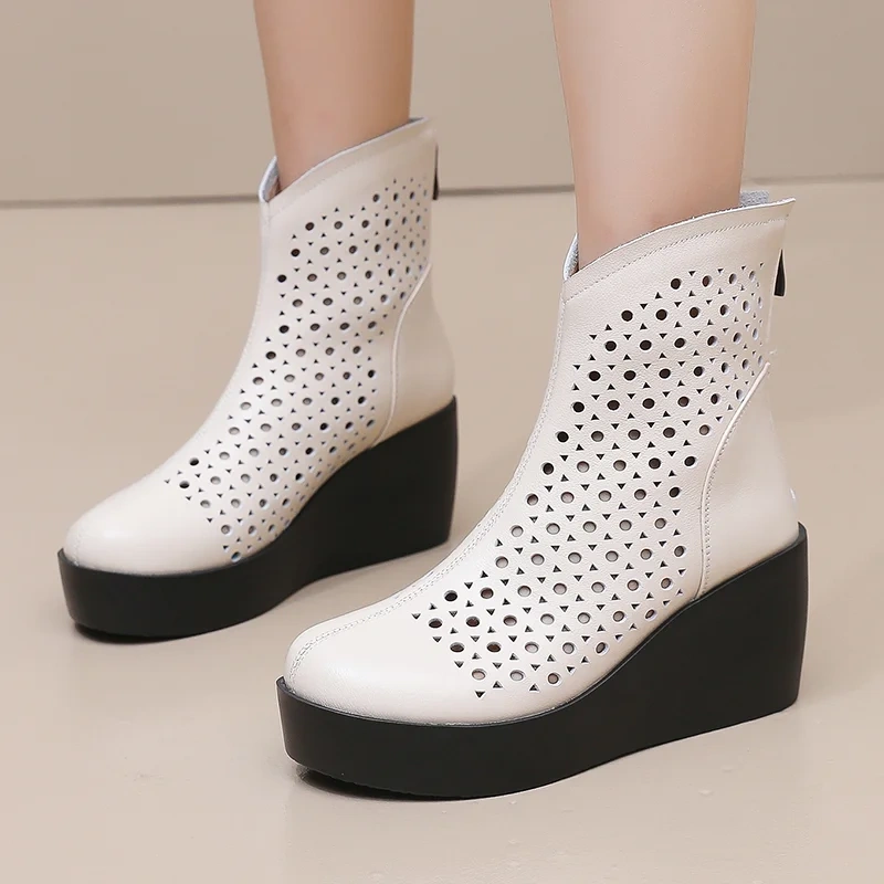 Women's Spring Summer Slim 7 CM Height Increasing Genuine Leather Cut Out Wedge Platform Breathable Zipper Ankle Boots 50604
