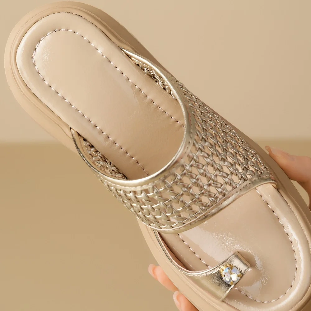 Women's Summer New Breathable Knit Open-Toe Sandals 12 CM High Heel Chunky Block Heel Platform Genuine Leather Shoes 50520