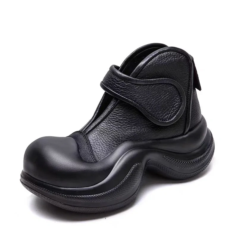 Women's Spring Summer Slim Fit 5.5CM Thick Sole Round-Toe Genuine Leather Solid Color Slip-On Hook & Loop Straps Shoes 50703