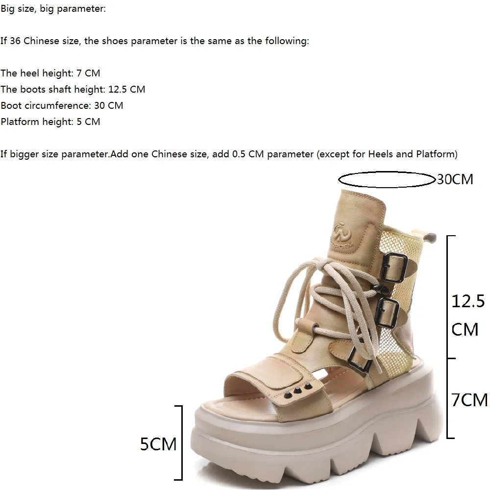Women's 7 CM Thick Sole Slim Real Leather Open Toe Slingbacks Metal Platform Buckle Lace Up Zipper Cut Out Summer Boots 50531