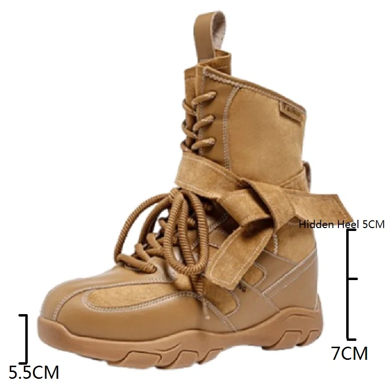 Women's Autumn Solid Color Slim-fit 12CM Hidden Wedge Lace-up Round Toe Platform Concise Casual Ladies Ankle Boots 50806