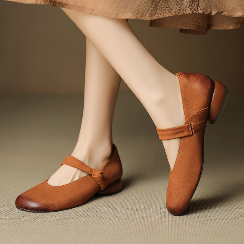 Women's New Autumn & Summer Genuine Leather Retro Round Toe Shallow Mouth Slip-On Single Strap 3CM Block Heel Casual Shoes 50728