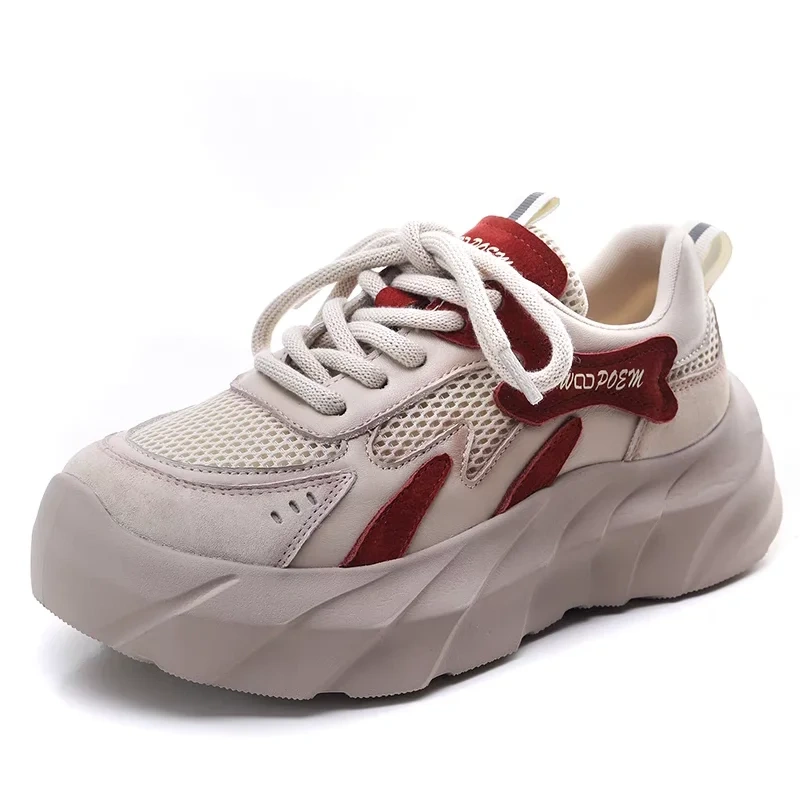 Women's Spring Summer Slim Fit 5 CM Thick Sole Genuine Leather & Mesh Patchwork Cross Lace-Up Casual Flat Shoes 50602