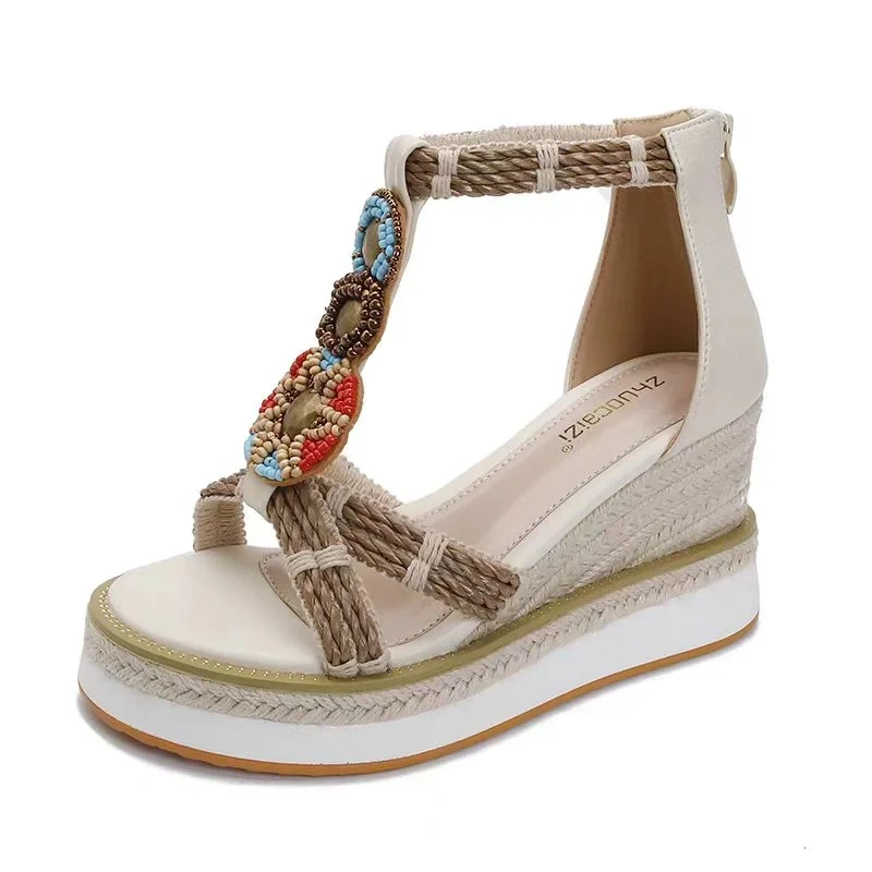 Women's Summer New Slim 8.5 CM Wedge Heel Platform Open Toe Straps Woven Beaded Zipper Bohemian Gladiator Fashion Sandals 50620