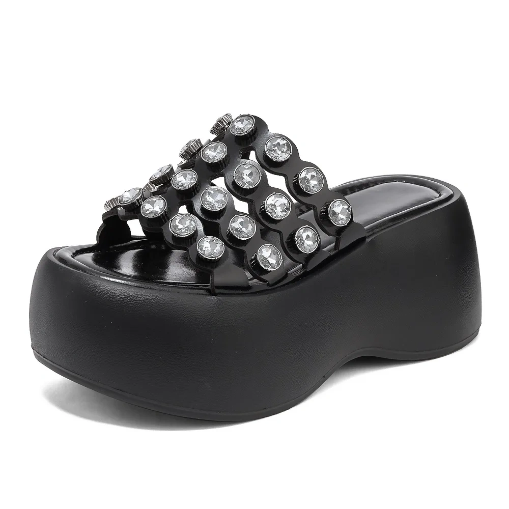 Women's Summer Fashion Slim 8 CM Thick Sole Flat Genuine Leather Open Toe Platform Cut Out Crystals Gladiator Slippers 50528