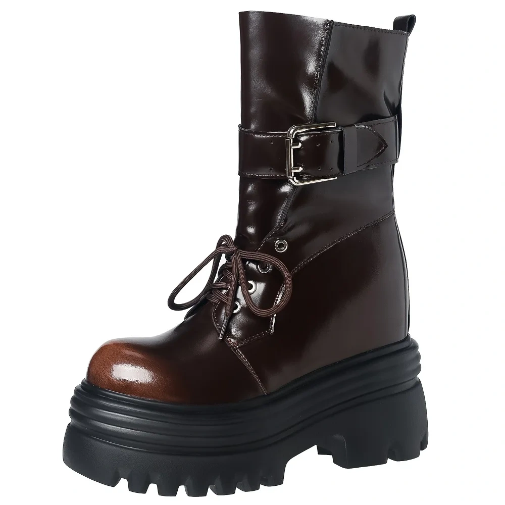 Women's Spring Autumn New Genuine Leather Round Toe Lace-Up Belt Buckle Slip-On Platform 12CM Inner Elevator Ankle Boots 50820