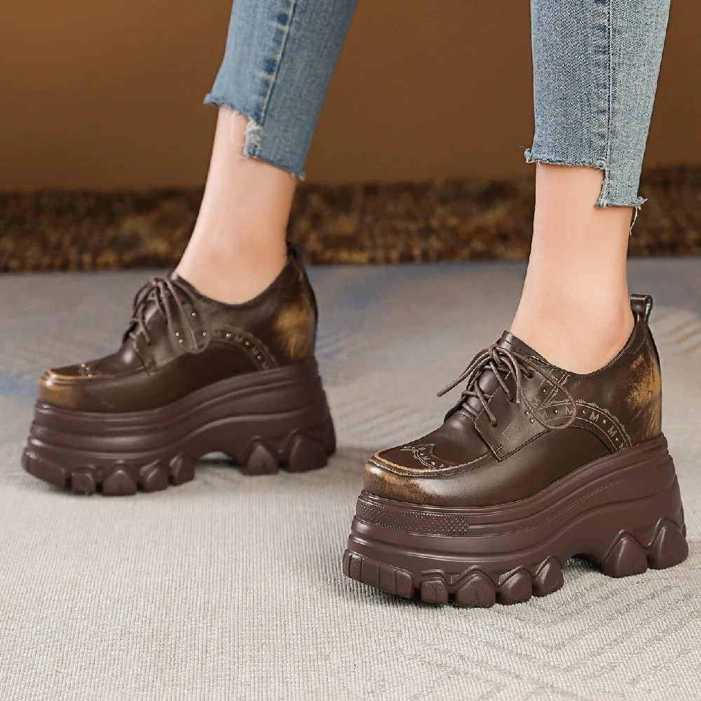 Spring Autumn New British Style Retro Height Increasing Platform Wedges Rivet Lace-Up Genuine Leather Women Modern Pumps 2401
