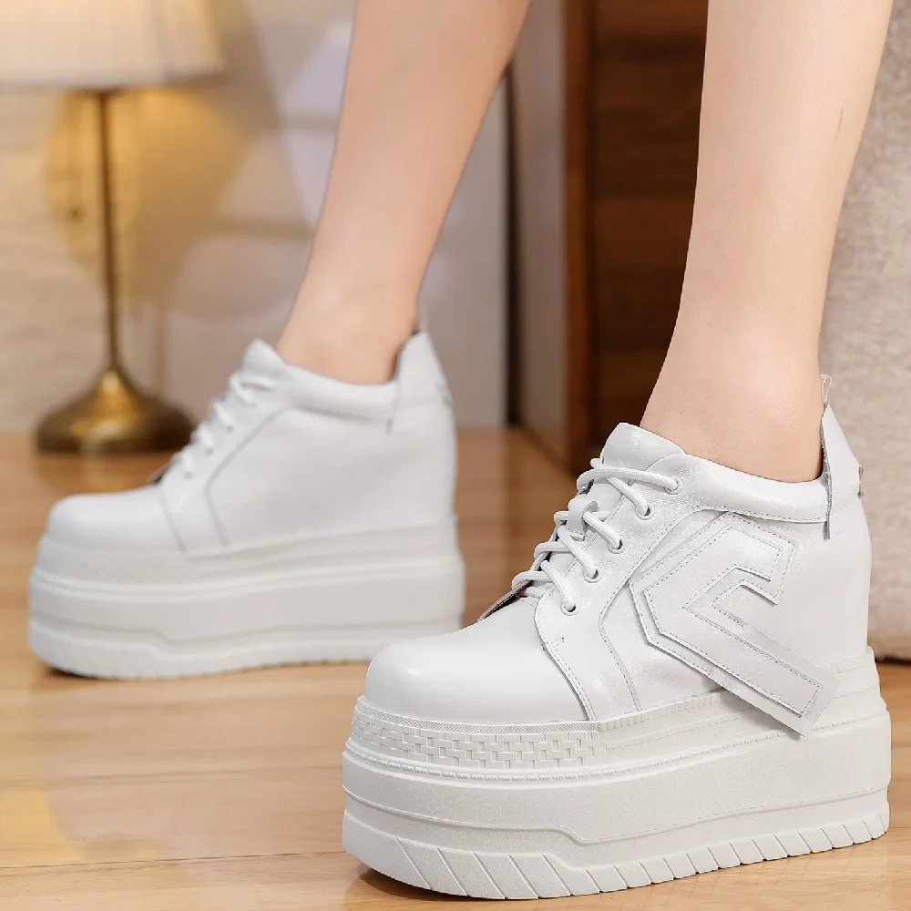 Women's Autumn Genuine Leather Round Toe Lace-Up Casual Shoes 12CM Inner Heightening Sole Solid Color Platform Sneakers 50903