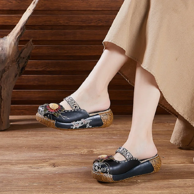 Women's Summer New Slim Fit 5 CM High Heel Genuine Leather Floral Print Closed Toe Retro Handmade Wedge Platform Slippers 50530