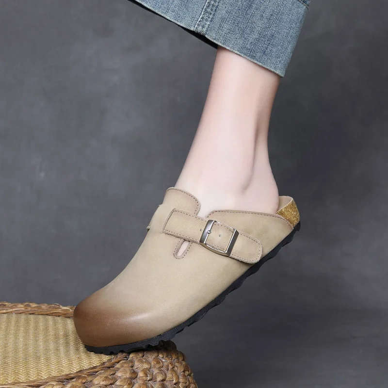 Women's Summer New Slim Fit 2.5 CM Platform Genuine Leather Round Toe Burnished Metal Buckle Flat Slip On Casual Slippers 50603