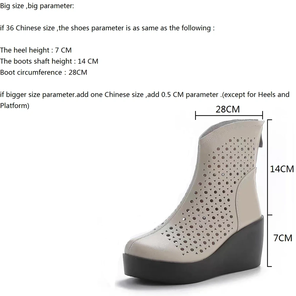 Women's Spring Summer Slim 7 CM Height Increasing Genuine Leather Cut Out Wedge Platform Breathable Zipper Ankle Boots 50604