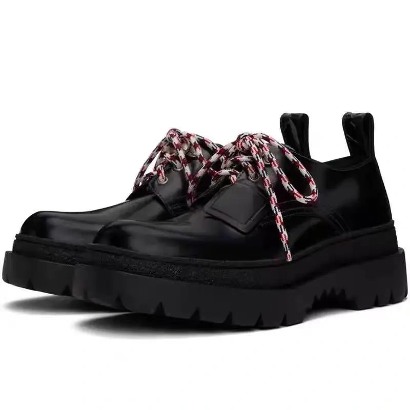 Men's Spring Autumn New Chunky Heel 5CM Platform Genuine Leather Colorful Laces Solid Color Platform Round Toe Shoes 50715