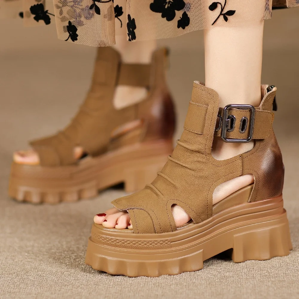 Summer New Slim Height Increasing Platform Peep Toe Metal Buckle Pleated Cut Out Genuine Leather Women Ankle Short Rome Boots