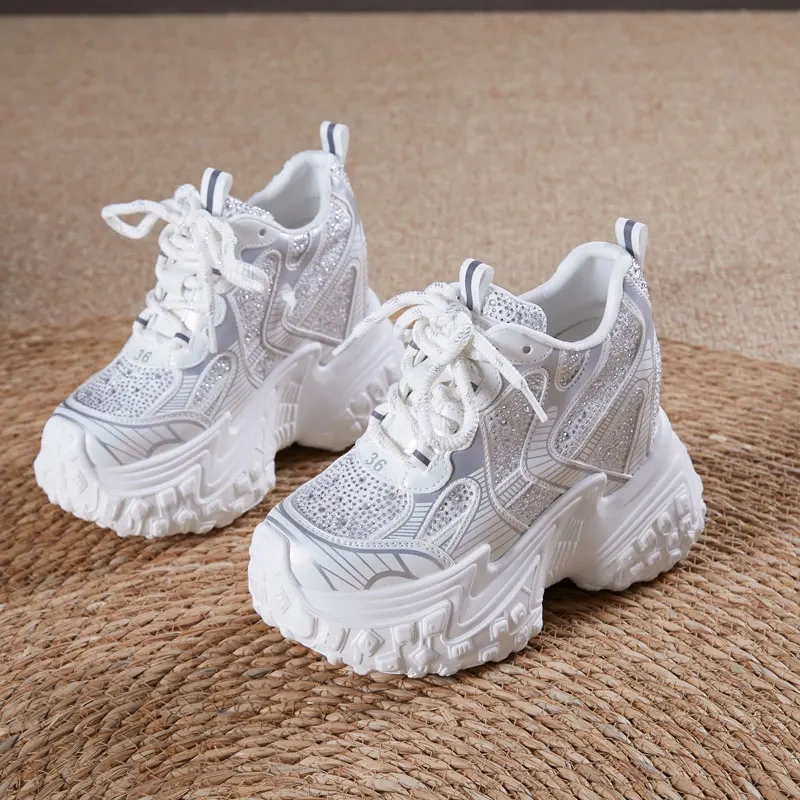 Ladies 12CM Heels Platform Thick Soled Real Leather Sneakers New Spring Autumn Style Rhinestone Color Block Casual Low Cut Shoes