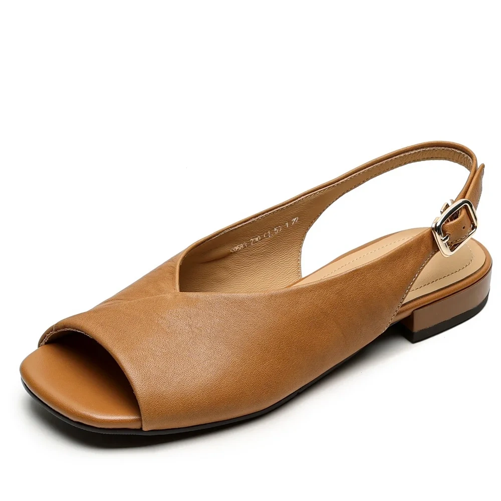 Women's New Summer Genuine Leather 2cm Square Toe Peep Toe Open Toe One - Strap Shallow Mouth Concise Retro Casual Sandals 50727