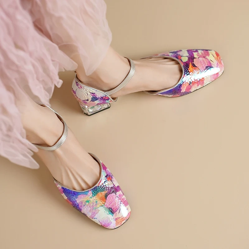 Women's Summer New 3.5 CM Chunky Heel Genuine Leather Pumps Color-Block Printed Square-Toe Buckle Strap Plus Size Shoes 50621