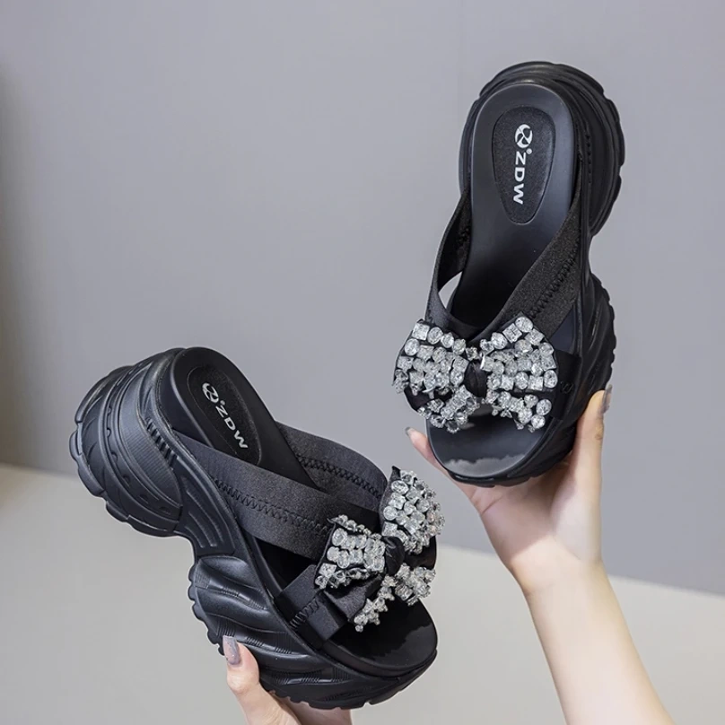 Women's Summer New Fashion 8CM Thick Sole Genuine Leather Platform Bow Peep Toe Crystals Korean Style Slide Sandals 50713