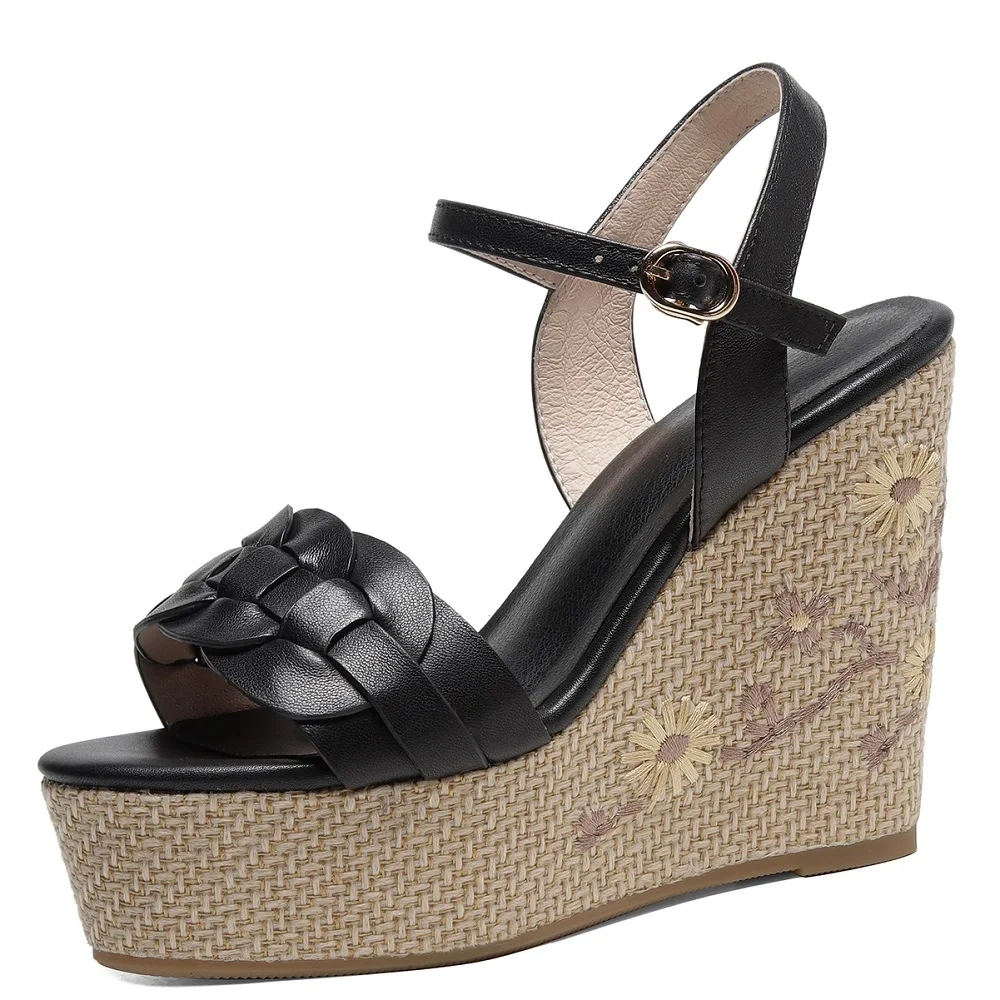 Women's Summer New Slim 12 CM Wedge Heel Genuine Leather Peep Toe Single Strap Platform Woven Gladiator Slingbacks Sandals 50610