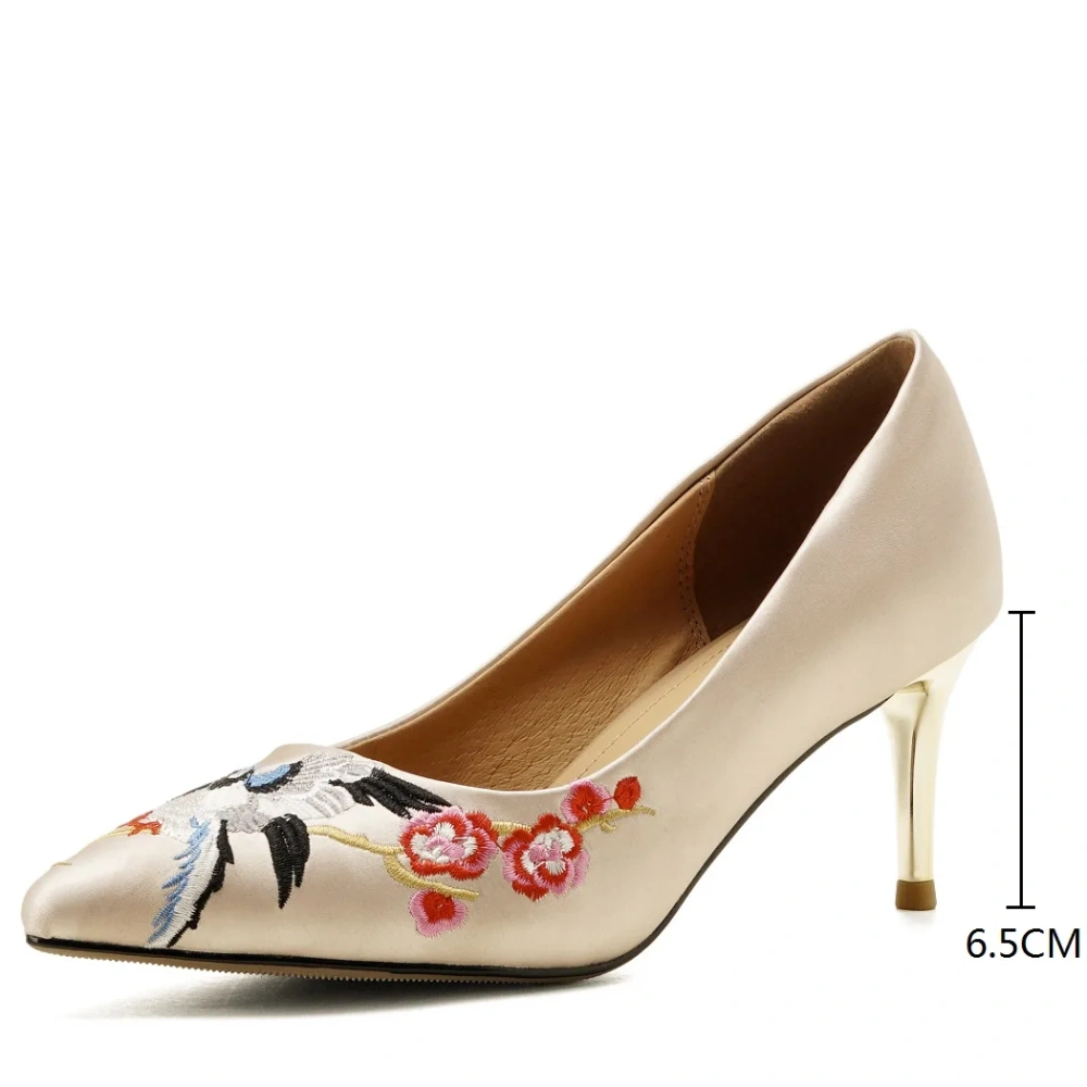 Women's Spring Summer Slim 6.5 CM High Heels Pointed Toe Shallow Mouth Stiletto Silk Embroidery Slip On Plus Size Shoes 50621